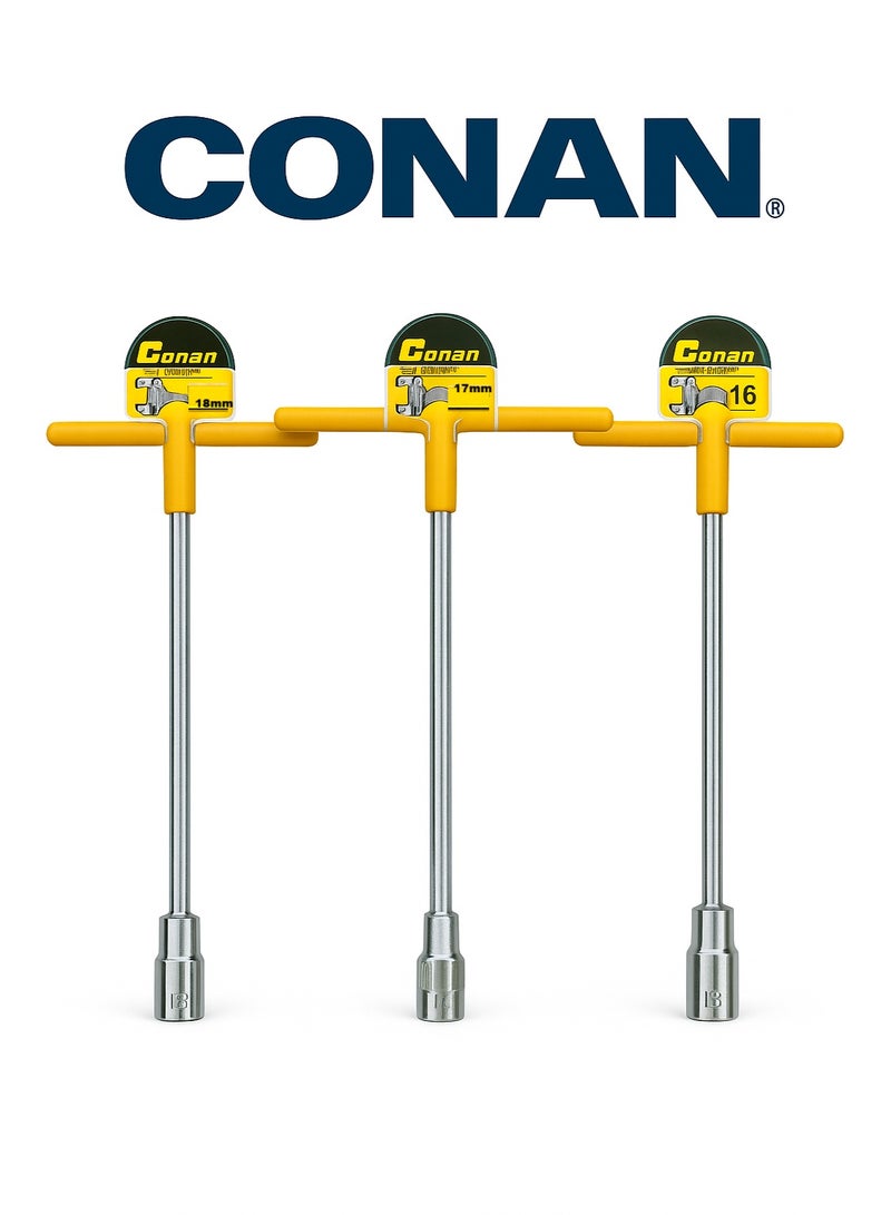 CONAN T-Handle Socket Wrench Set – 3 Pcs (16mm / 17mm / 18mm) – Size ‎200×310mm‎ – Cr-V Steel – Non-slip Coated Handle – Models COT5816 / COT5817 / COT5818 - Image 1