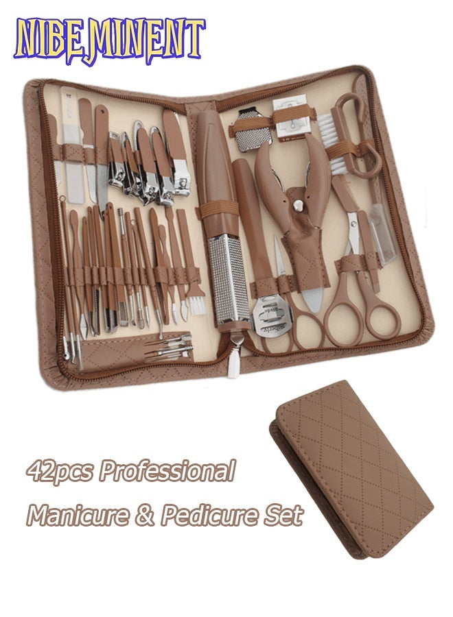NIBEMINENT 42pcs Professional Manicure & Pedicure Set - Stainless Steel Nail Clippers, Cuticle Nippers, Grooming Tools with Portable Travel Case, Nail Tech Supplies, Beauty Tools（Brown） - Image 1
