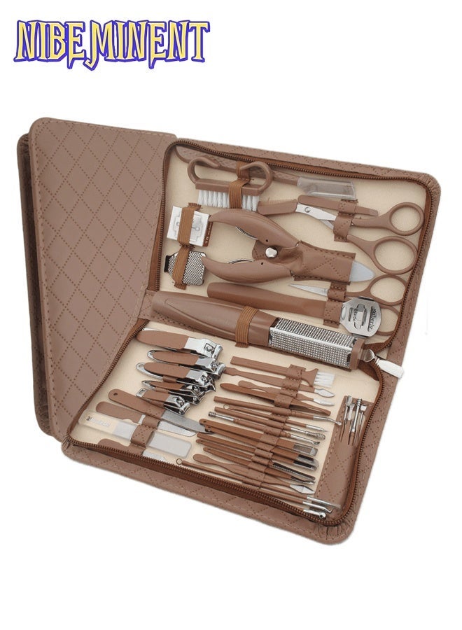 NIBEMINENT 42pcs Professional Manicure & Pedicure Set - Stainless Steel Nail Clippers, Cuticle Nippers, Grooming Tools with Portable Travel Case, Nail Tech Supplies, Beauty Tools（Brown） - Image 3