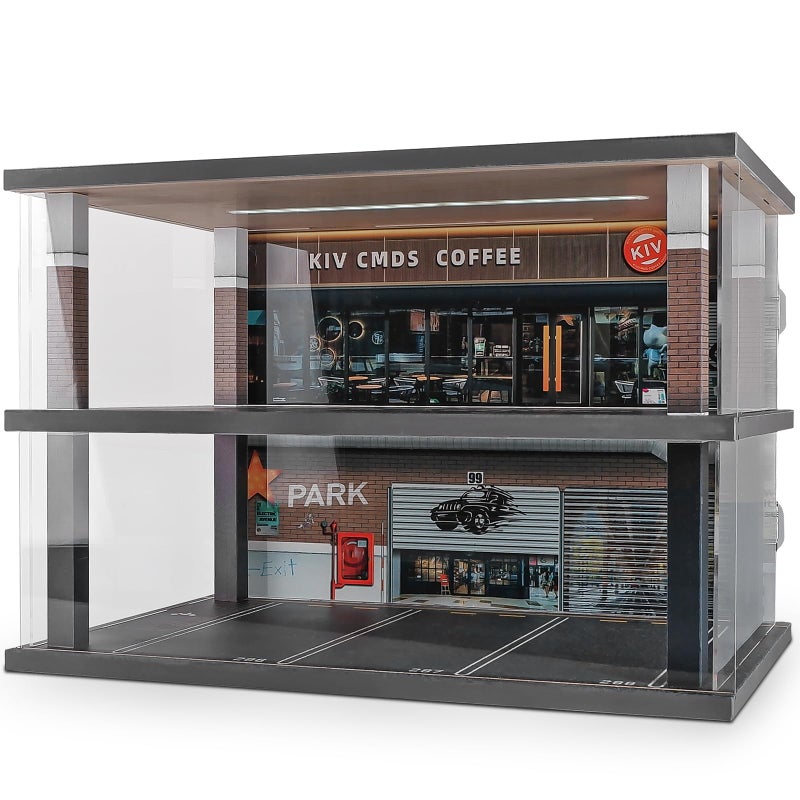 حافظة عرض نموذج السيارة بمقياس 124 مع مشهد موقف السيارات لسيارات نموذجية ولعبة ليغو وحامل عرض لسيارات نموذجية مصنوعة من سبائك مع ضوء وغطاء للغبار لموقف سيارات مقهى