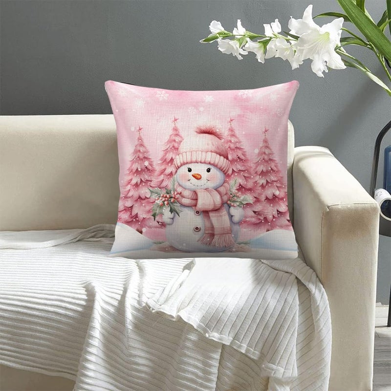 WLWLGLUCK Pink Christmas Decorations Winter Snowman Pillow Cover for Sofa Bed Couch  Snow Baby Xmas Tree Pattern Throw Pillow Case for Living Room  Cotton Linen Cushion Cover 18 x 18""  No Pillow Insert - Image 5