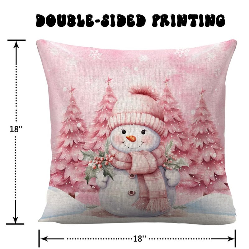 WLWLGLUCK Pink Christmas Decorations Winter Snowman Pillow Cover for Sofa Bed Couch  Snow Baby Xmas Tree Pattern Throw Pillow Case for Living Room  Cotton Linen Cushion Cover 18 x 18""  No Pillow Insert - Image 2