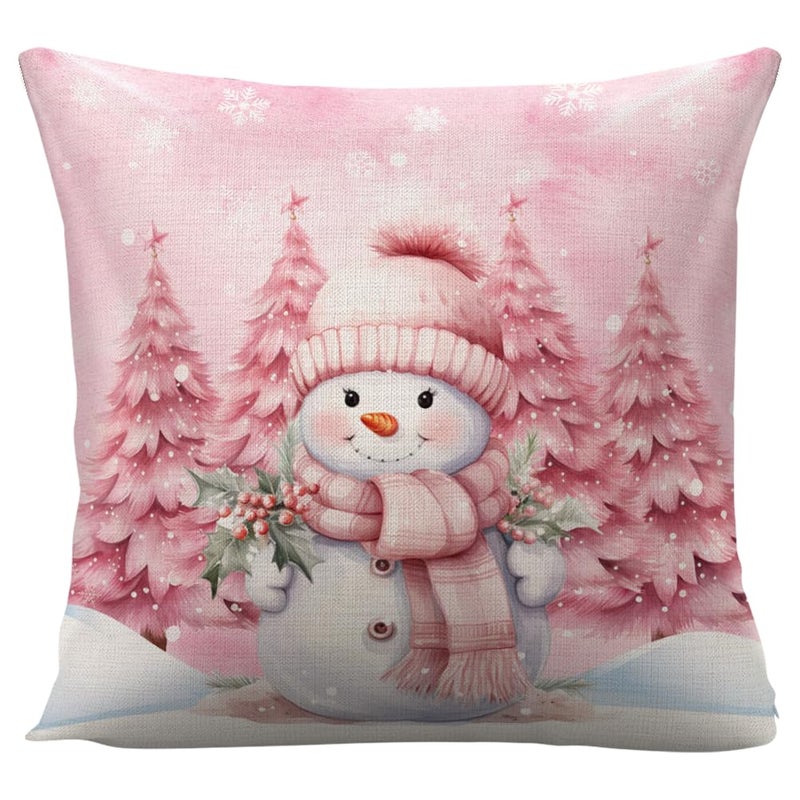 WLWLGLUCK Pink Christmas Decorations Winter Snowman Pillow Cover for Sofa Bed Couch  Snow Baby Xmas Tree Pattern Throw Pillow Case for Living Room  Cotton Linen Cushion Cover 18 x 18""  No Pillow Insert - Image 1