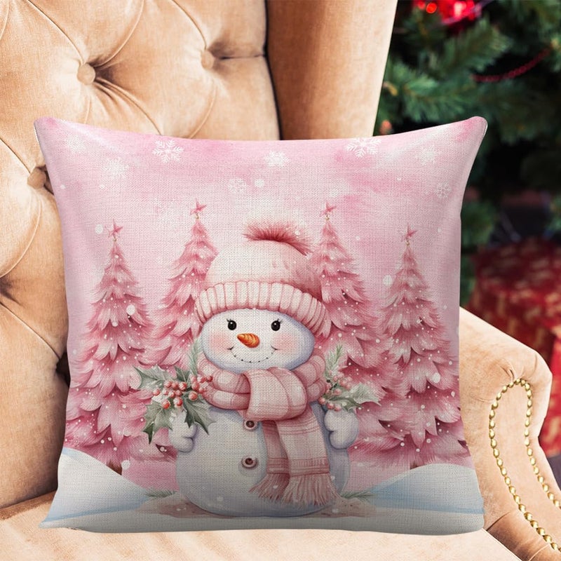 WLWLGLUCK Pink Christmas Decorations Winter Snowman Pillow Cover for Sofa Bed Couch  Snow Baby Xmas Tree Pattern Throw Pillow Case for Living Room  Cotton Linen Cushion Cover 18 x 18""  No Pillow Insert - Image 3