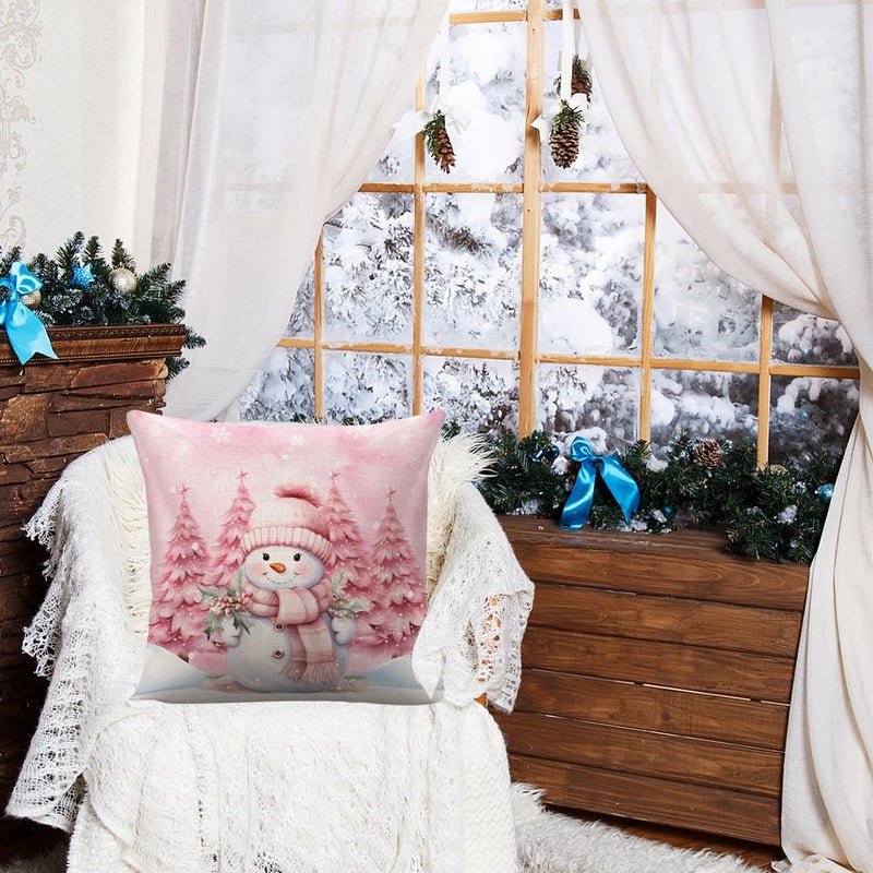 WLWLGLUCK Pink Christmas Decorations Winter Snowman Pillow Cover for Sofa Bed Couch  Snow Baby Xmas Tree Pattern Throw Pillow Case for Living Room  Cotton Linen Cushion Cover 18 x 18""  No Pillow Insert - Image 4