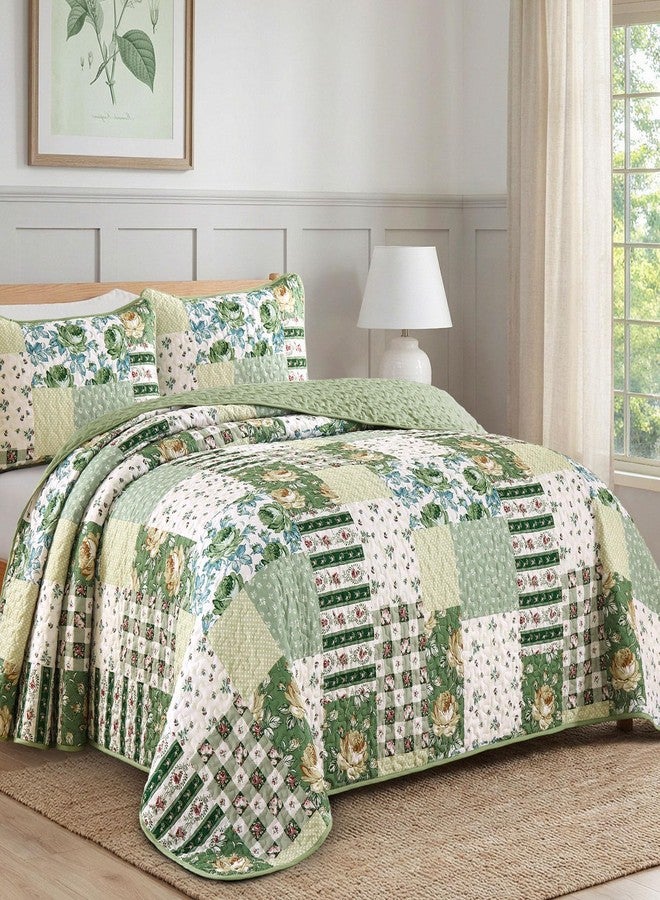 Anibedding طقم لحاف مرقع من 3 قطع من أنيبيدينج، مقاس كوين، بنمط زهور مربعة باللون الأخضر الفاتح مع أغطية وسائد مزدوجة لجميع الفصول - Image 2