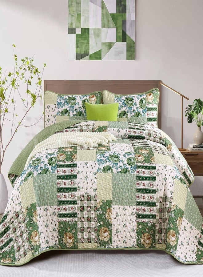 Anibedding طقم لحاف مرقع من 3 قطع من أنيبيدينج، مقاس كوين، بنمط زهور مربعة باللون الأخضر الفاتح مع أغطية وسائد مزدوجة لجميع الفصول - Image 1