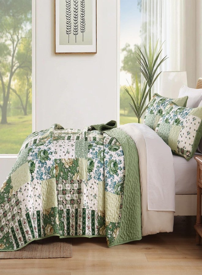 Anibedding طقم لحاف مرقع من 3 قطع من أنيبيدينج، مقاس كوين، بنمط زهور مربعة باللون الأخضر الفاتح مع أغطية وسائد مزدوجة لجميع الفصول - Image 3