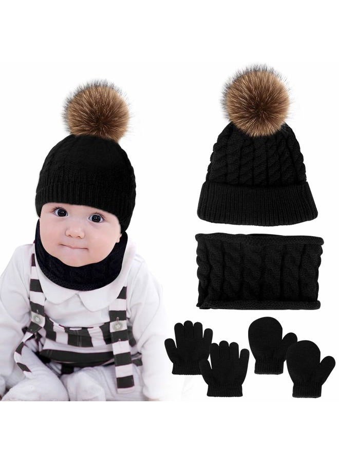 Hicdaw 6PCS Toddler Baby Winter Hat Scarf Kids Warm Knitted Hat for Beanie Scarf Gloves Set Gift for Kid Black - Image 1