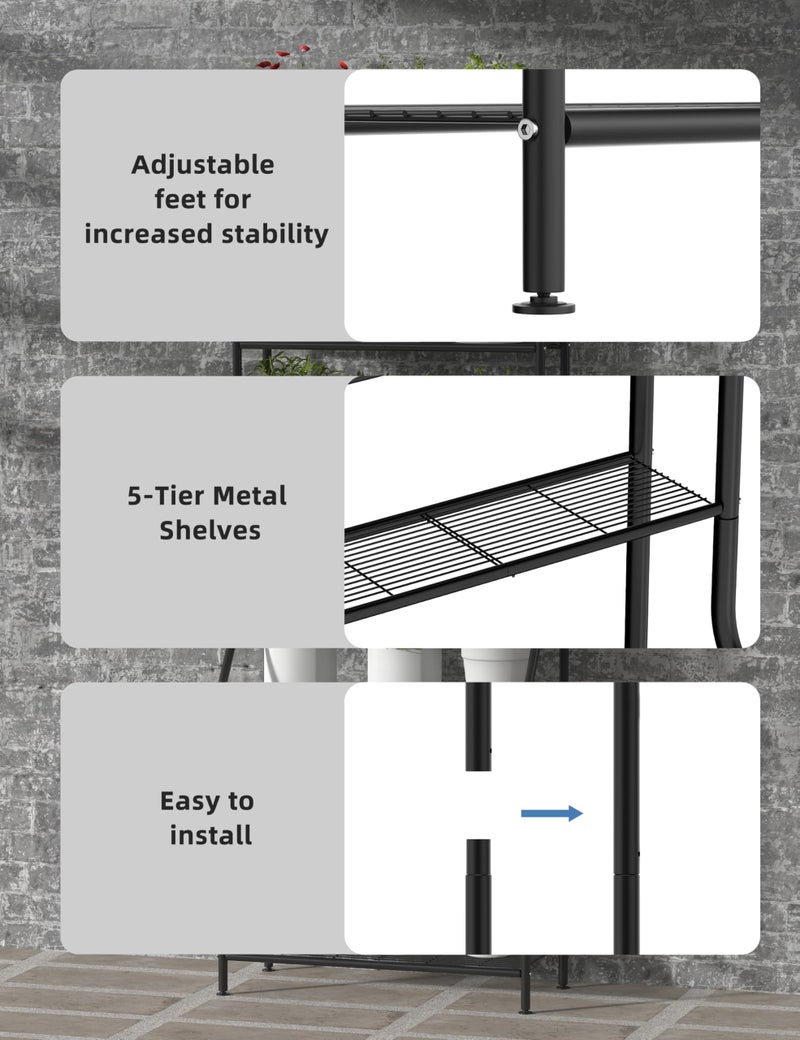 Livilord 5-Tier Plant Stand Indoor Outdoor, 64" Tall Metal Ladder Shelf for Multiple Flower Pot Holder, Waterproof Corner Garden Rack for Balcony Living Room, Black - Image 3