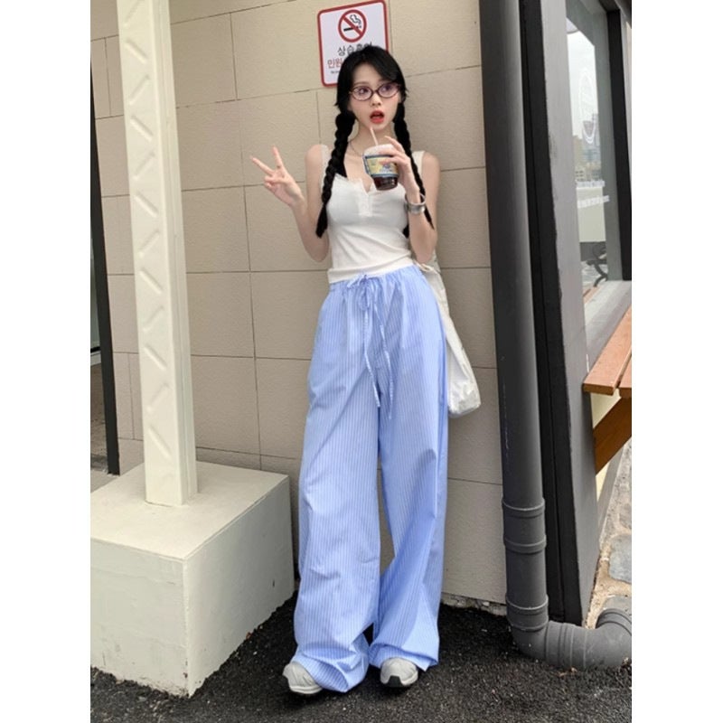 [Exclusive For Southeast Asia] Pants Children'S Blue Vertical Stripe Wide Leg Pants Autumn Straight Loose Casual Floor Pants - Image 2