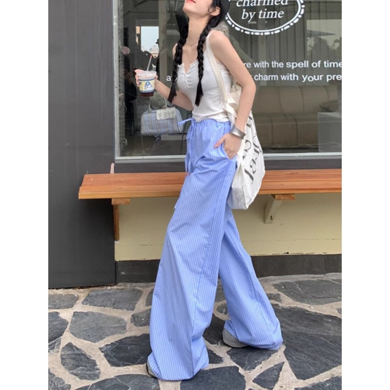 [Exclusive For Southeast Asia] Pants Children'S Blue Vertical Stripe Wide Leg Pants Autumn Straight Loose Casual Floor Pants - Image 3