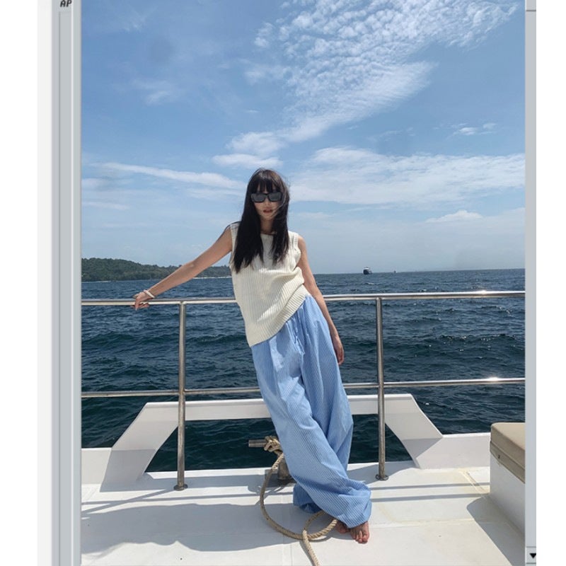 [Exclusive For Southeast Asia] Pants Children'S Blue Vertical Stripe Wide Leg Pants Autumn Straight Loose Casual Floor Pants - Image 4