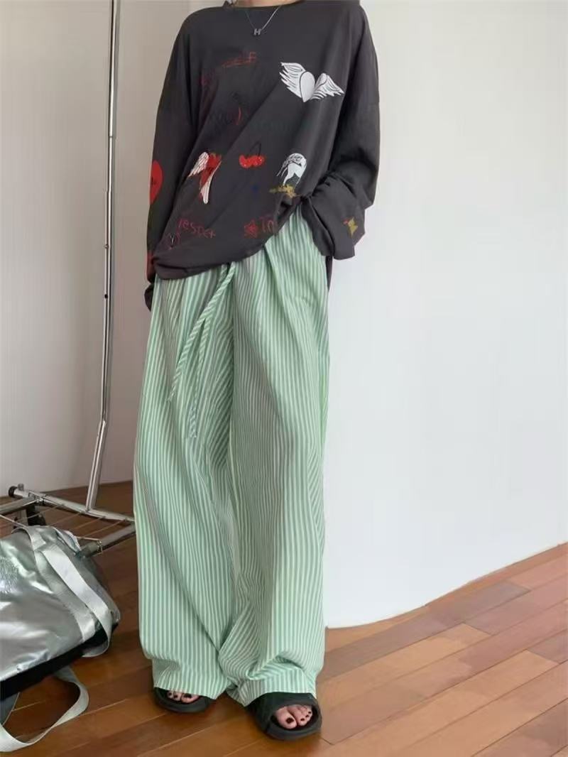 [Exclusive For Southeast Asia] Pants Children'S Blue Vertical Stripe Wide Leg Pants Autumn Straight Loose Casual Floor Pants - Image 1