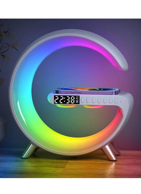 Desk Lamp,RGB Atmosphere Lamp Color Changing Mood Light with Wireless Charger,15W LED Bedside lamp with Time Display, Dimmable Night Light with Alarm Clock, Bluetooth Speaker and APP Control