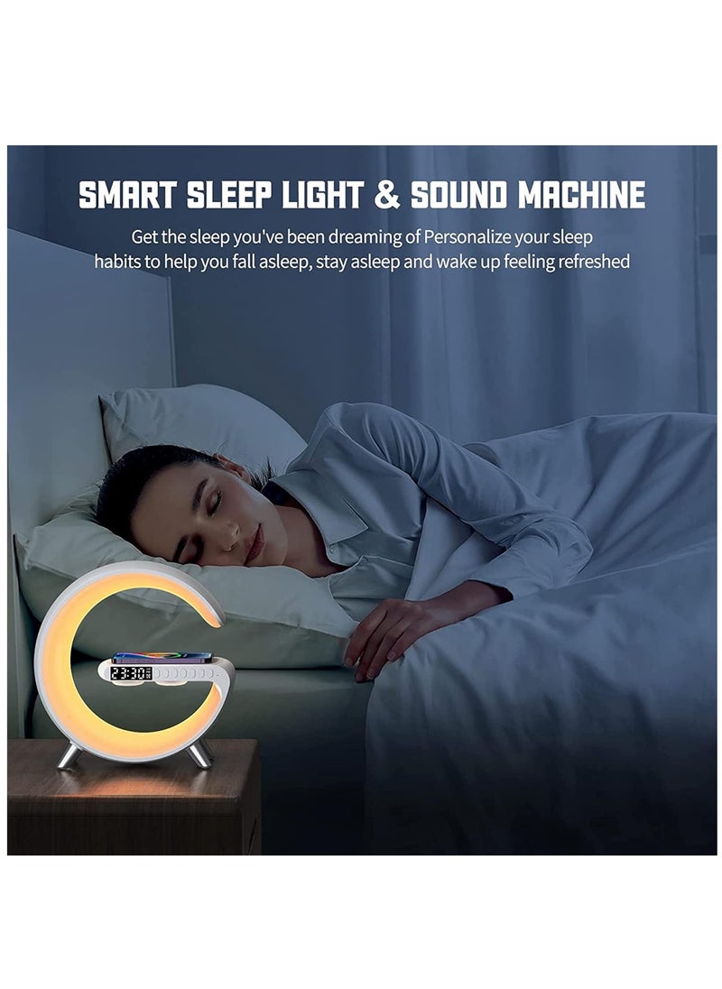 Desk Lamp,RGB Atmosphere Lamp Color Changing Mood Light with Wireless Charger,15W LED Bedside lamp with Time Display, Dimmable Night Light with Alarm Clock, Bluetooth Speaker and APP Control