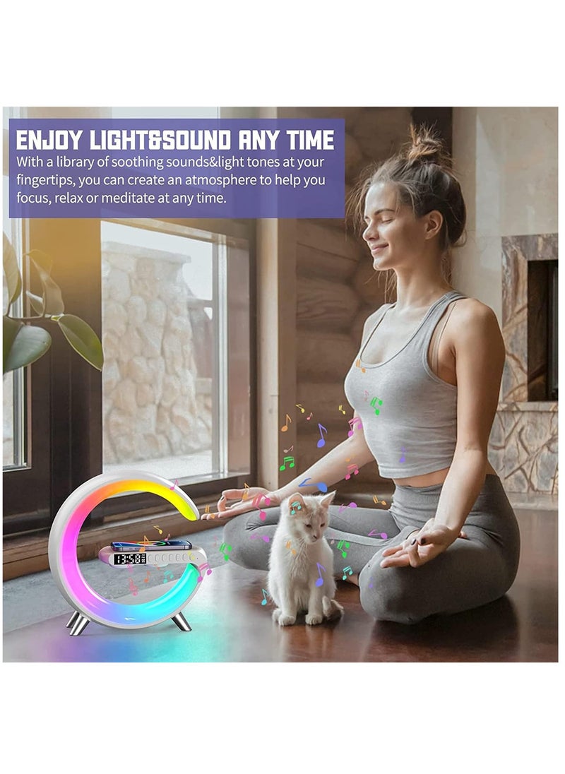 Desk Lamp,RGB Atmosphere Lamp Color Changing Mood Light with Wireless Charger,15W LED Bedside lamp with Time Display, Dimmable Night Light with Alarm Clock, Bluetooth Speaker and APP Control
