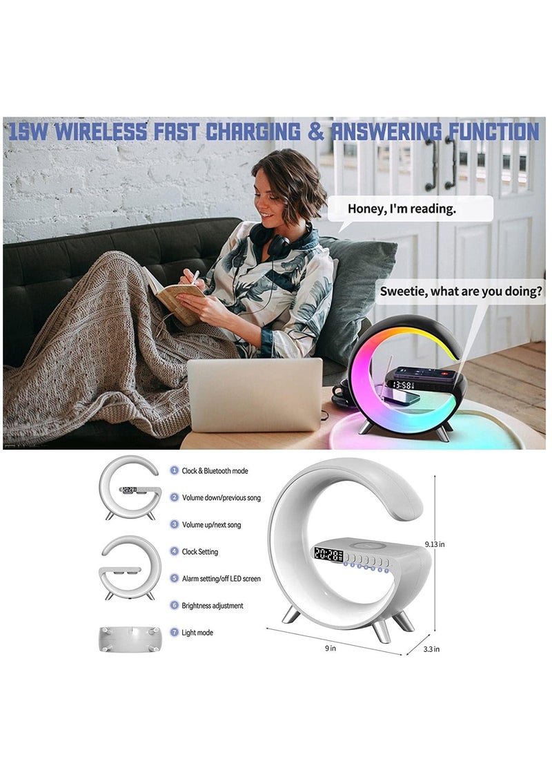 Desk Lamp,RGB Atmosphere Lamp Color Changing Mood Light with Wireless Charger,15W LED Bedside lamp with Time Display, Dimmable Night Light with Alarm Clock, Bluetooth Speaker and APP Control