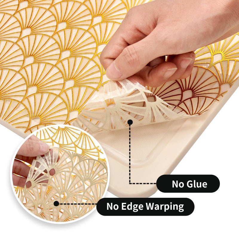 Kimhan 3D Drawer and Shelf Liner for Kitchen Cabinet: 12 in X 20 Ft 3D Waterproof Shelf Paper Non Adhesive Refrigerator Liners Golden Ginkgo Leaf Easy Liners for Bathroom with Knife Tape Measure - Image 4