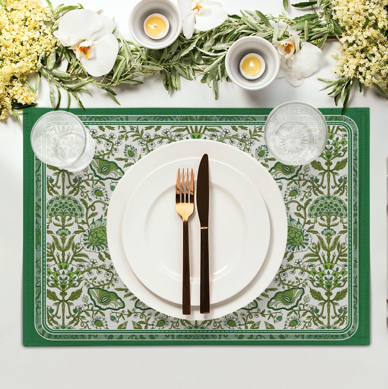 Wnoesat Green Floral Boho Placemats Set of 4, 12x18 Inch Vintage Chinoiserie Block Print Place Mats Seasonal Spring Summer Rustic Farmhouse Table Mats for Party Kitchen Dining Outdoor Indoor Decor - Image 2