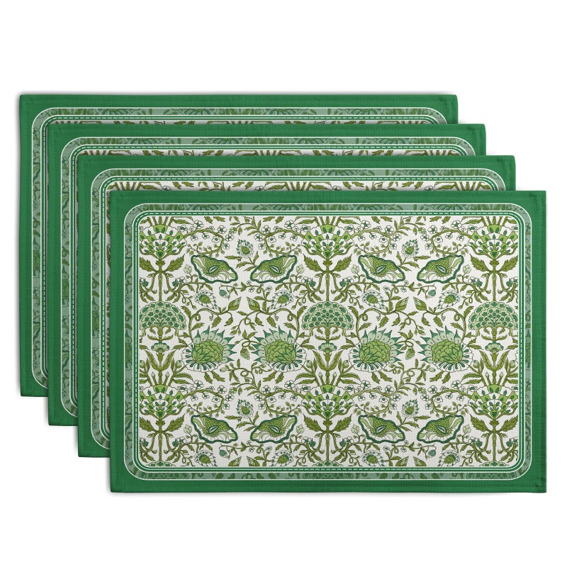 Wnoesat Green Floral Boho Placemats Set of 4, 12x18 Inch Vintage Chinoiserie Block Print Place Mats Seasonal Spring Summer Rustic Farmhouse Table Mats for Party Kitchen Dining Outdoor Indoor Decor - Image 1