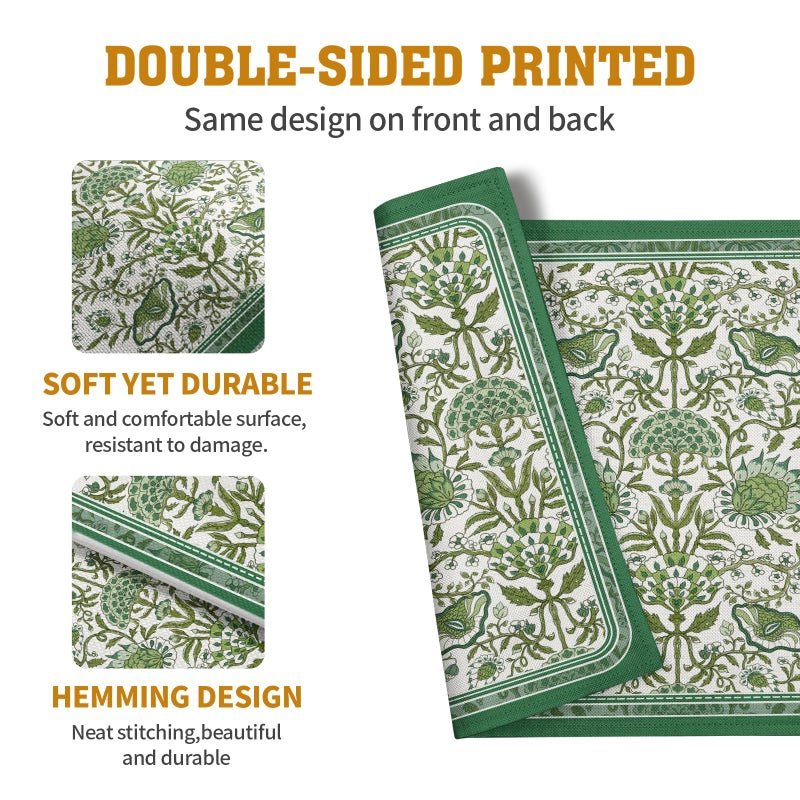 Wnoesat Green Floral Boho Placemats Set of 4, 12x18 Inch Vintage Chinoiserie Block Print Place Mats Seasonal Spring Summer Rustic Farmhouse Table Mats for Party Kitchen Dining Outdoor Indoor Decor - Image 4