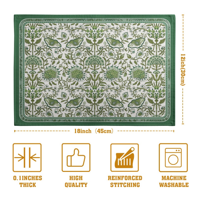 Wnoesat Green Floral Boho Placemats Set of 4, 12x18 Inch Vintage Chinoiserie Block Print Place Mats Seasonal Spring Summer Rustic Farmhouse Table Mats for Party Kitchen Dining Outdoor Indoor Decor - Image 3