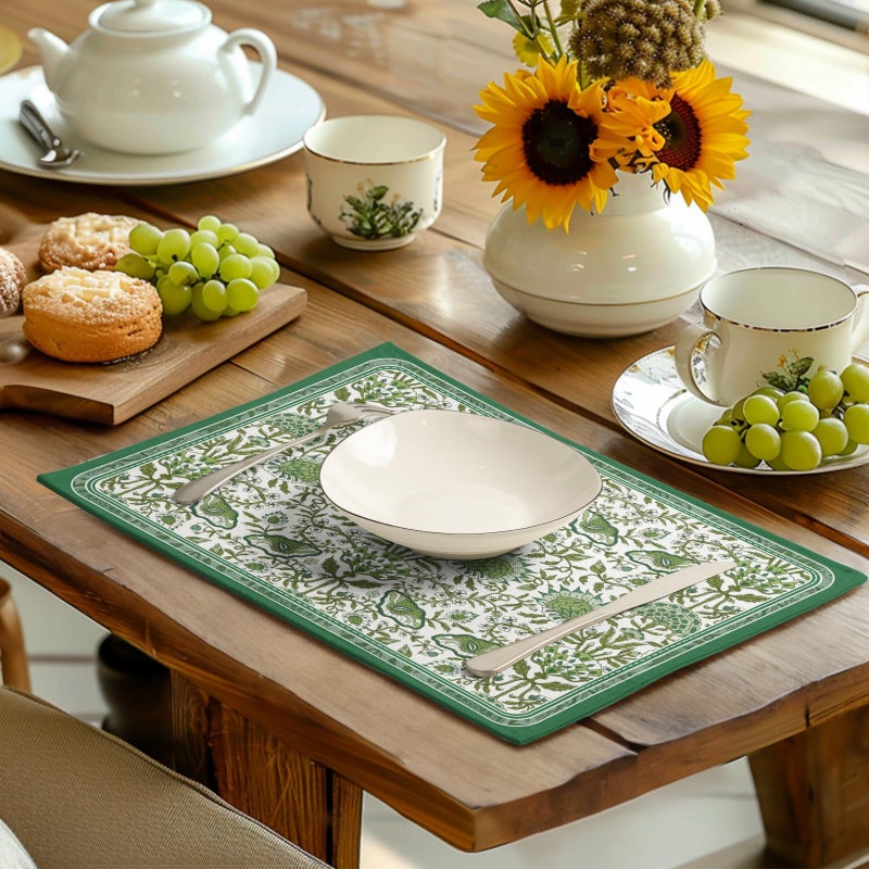 Wnoesat Green Floral Boho Placemats Set of 4, 12x18 Inch Vintage Chinoiserie Block Print Place Mats Seasonal Spring Summer Rustic Farmhouse Table Mats for Party Kitchen Dining Outdoor Indoor Decor - Image 5