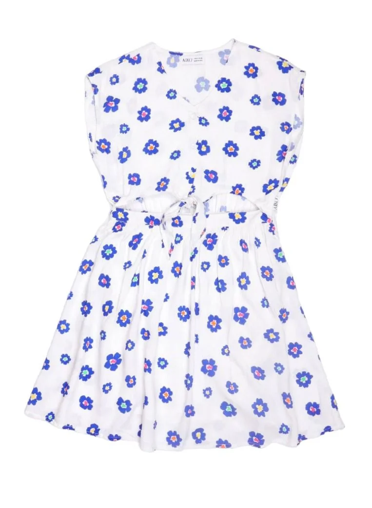 ايكو AIKO - Girls Rayon White with Blue Floral Patter Dress