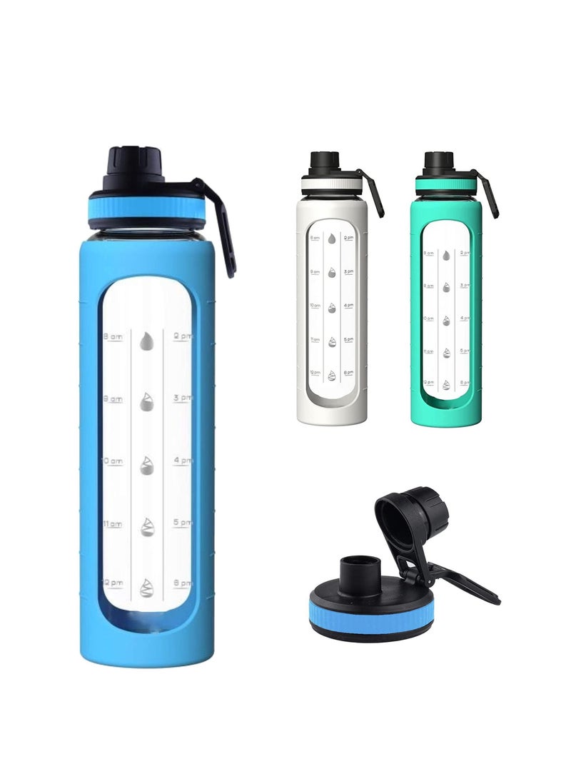 Excefore 32 oz Glass Water Bottle with Time Marks and Silicone Sleeve - Flip Lid, Motivational Water Bottles for Hydration, Reusable, Wide Mouth, Leakproof, 1 Liter Glass Drinking Bottle, BPA Free - Image 1