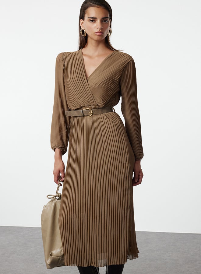 trendyol Dark Mink Belted A-Line Pleated Maxi Lined Chiffon Woven Dress TWOAW24EL00471 - Image 5