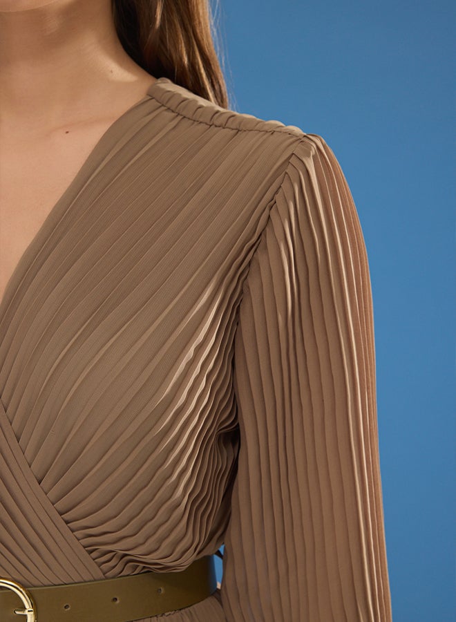 trendyol Dark Mink Belted A-Line Pleated Maxi Lined Chiffon Woven Dress TWOAW24EL00471 - Image 3