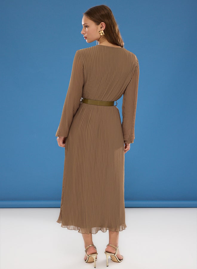 trendyol Dark Mink Belted A-Line Pleated Maxi Lined Chiffon Woven Dress TWOAW24EL00471 - Image 4