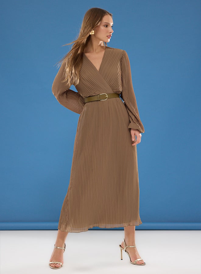 trendyol Dark Mink Belted A-Line Pleated Maxi Lined Chiffon Woven Dress TWOAW24EL00471 - Image 1