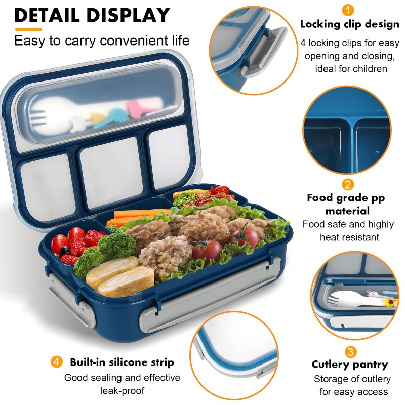 Yumuk Bento Box  Lunch Box Kids  1300ML Bento Box Adult Lunch Box with 4 Compartment &Food Picks &Cake Cups  Lunch Box Containers for Adults/Kids/Toddler  Leak-Proof  Microwave/Dishwasher/Freezer Safe(Blue) - Image 3