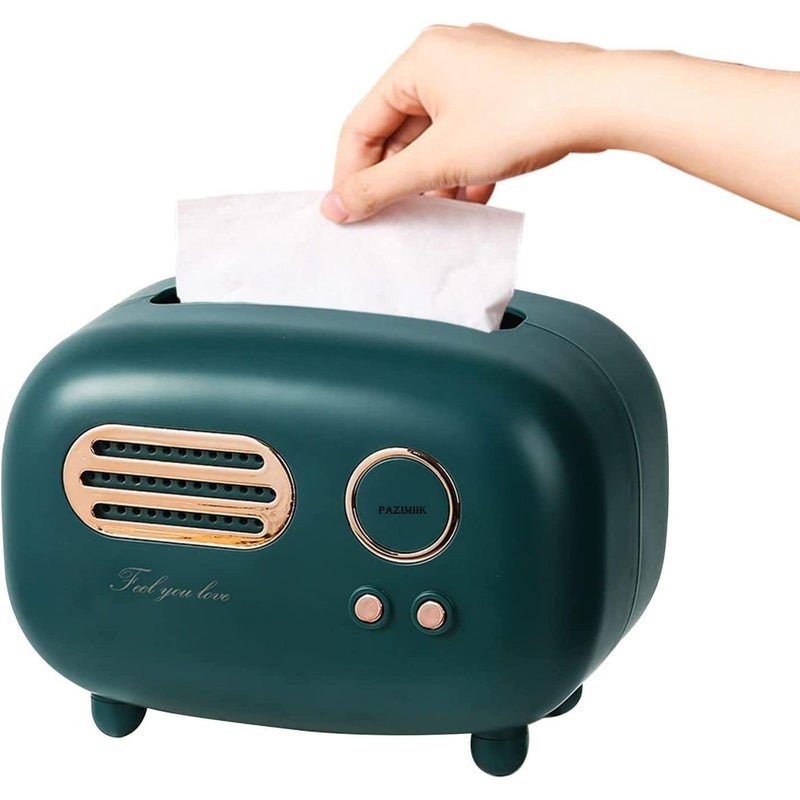 Foxelli Tissue Napkin Organizer Vintage Paper Holder Paper Box Holder Vintage Retro Small Tissue Box Holder & Paper Towel Dispenser for Office, Living Room, Bedroom, Night Stand & Desk Radio Model (Green) - Image 1