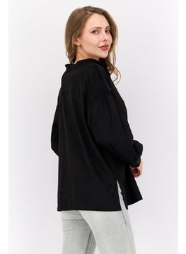 Wrangler Women Band Collar Long Sleeves Textured Shirt, Black  - Image 2