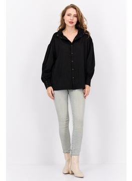 Wrangler Women Band Collar Long Sleeves Textured Shirt, Black  - Image 4