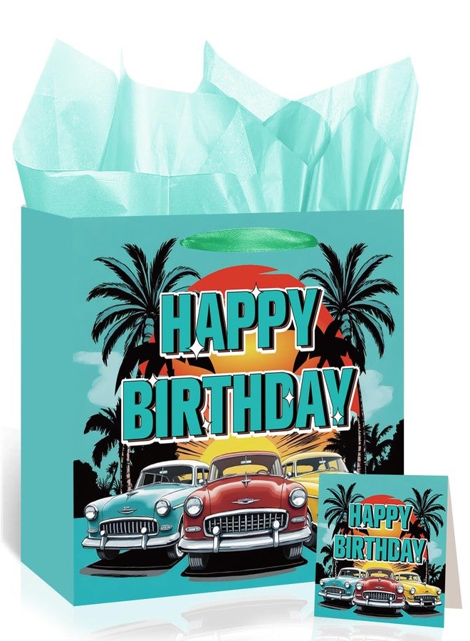 LUUFILx Vintage Car Gift Bag for Men Teal Blue Classic Car Happy Birthday Gift Wrapping Bag with Tissue Paper Greeting Card I am Not Old Classic Birthday Wrap Bag for Adults Vintage Car Theme Party Supplies - Image 1