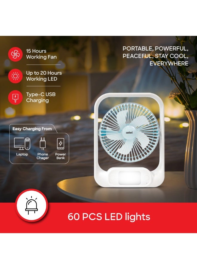 سانفورد مروحة طاولة قابلة لإعادة الشحن مع أضواء LED، 2 في 1 للتخييم، بطارية ليثيوم 3600 مللي أمبير، 15 ساعة وقت عمل، محرك عالي الجودة 4500 دورة في الدقيقة، 3 سرعات، 60 قطعة أضواء LED ثنائية اللون، شحن USB من نوع C، وظيفة الميل - Image 4