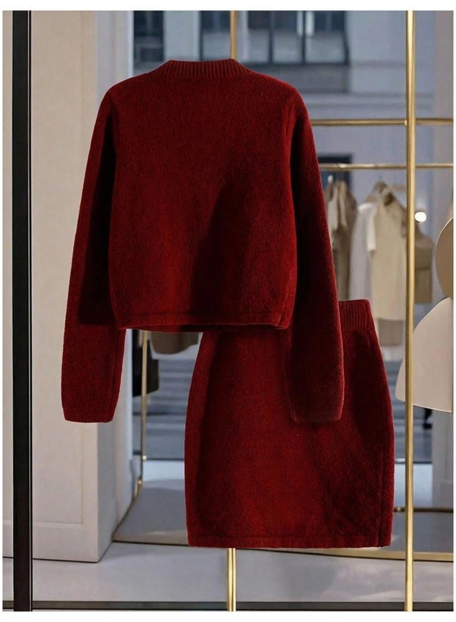 Verdusa Women's 2 Piece Elegant Outfits Button Up Cardigan with Sweater Skirt Set Winter Clothing, Burgundy, S - Image 2