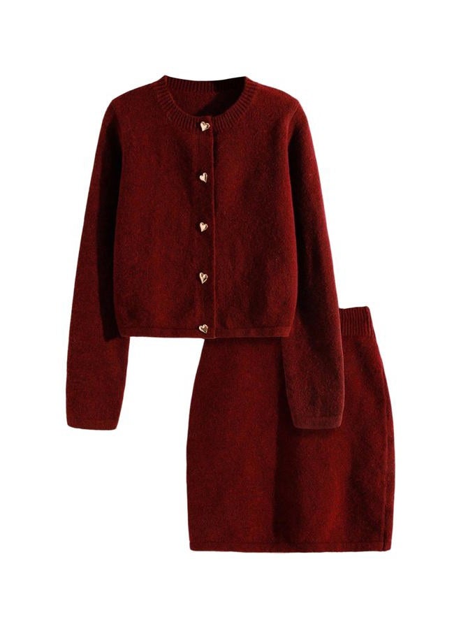 Verdusa Women's 2 Piece Elegant Outfits Button Up Cardigan with Sweater Skirt Set Winter Clothing, Burgundy, S - Image 1