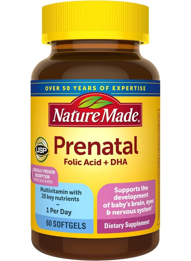 Nature Made Prenatal with Folic Acid + DHA, Prenatal Vitamin and Mineral Supplement for Daily Nutritional Support, 60 Softgels, 60 Day Supply - Image 1