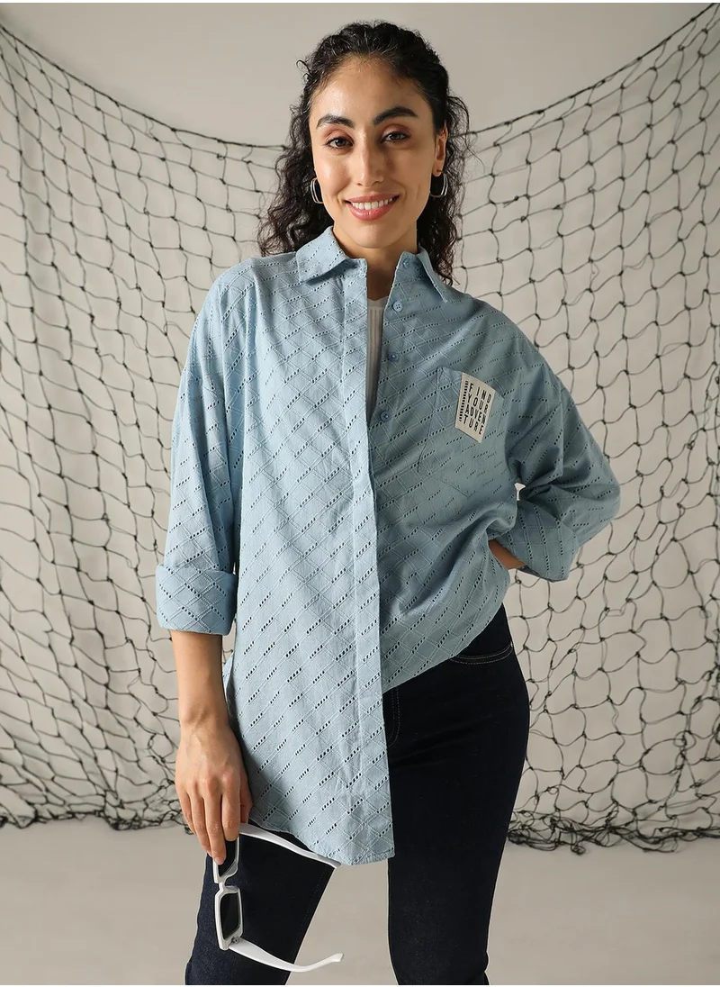 Hubberholme Women's Blue 100% Cotton Embroidered Button Down Shirt