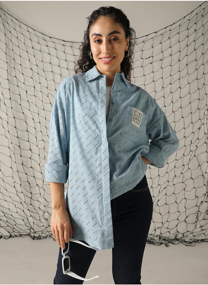 Hubberholme Women's Blue 100% Cotton Embroidered Button Down Shirt  - Image 1