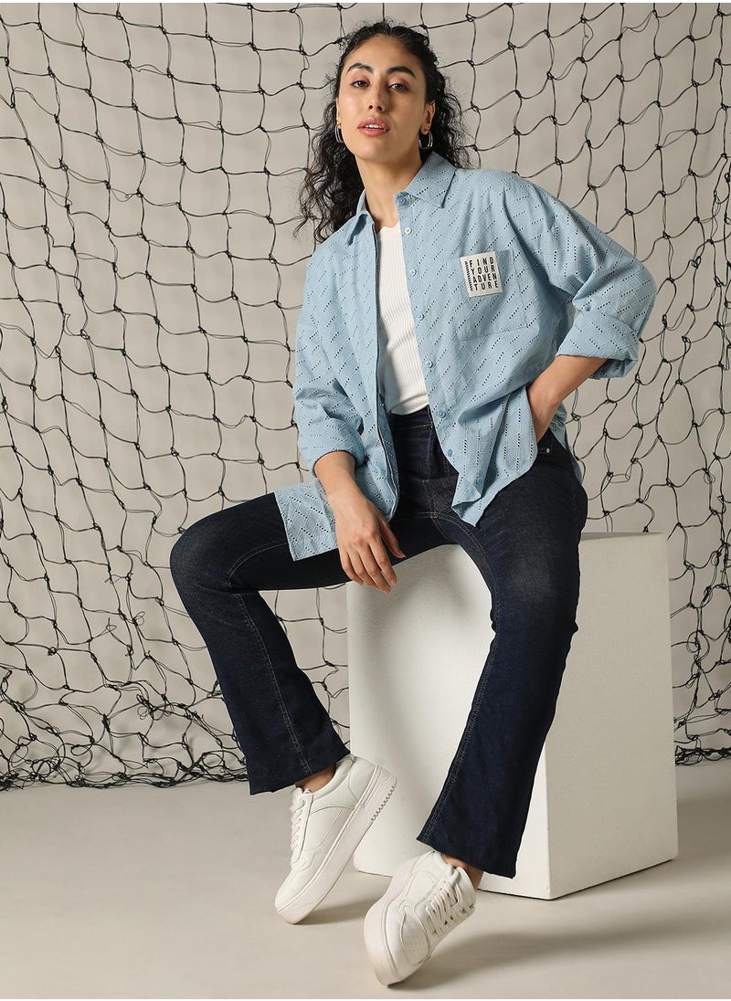 Hubberholme Women's Blue 100% Cotton Embroidered Button Down Shirt  - Image 5