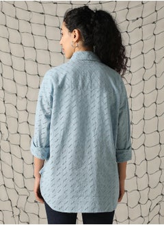 Hubberholme Women's Blue 100% Cotton Embroidered Button Down Shirt  - Image 3