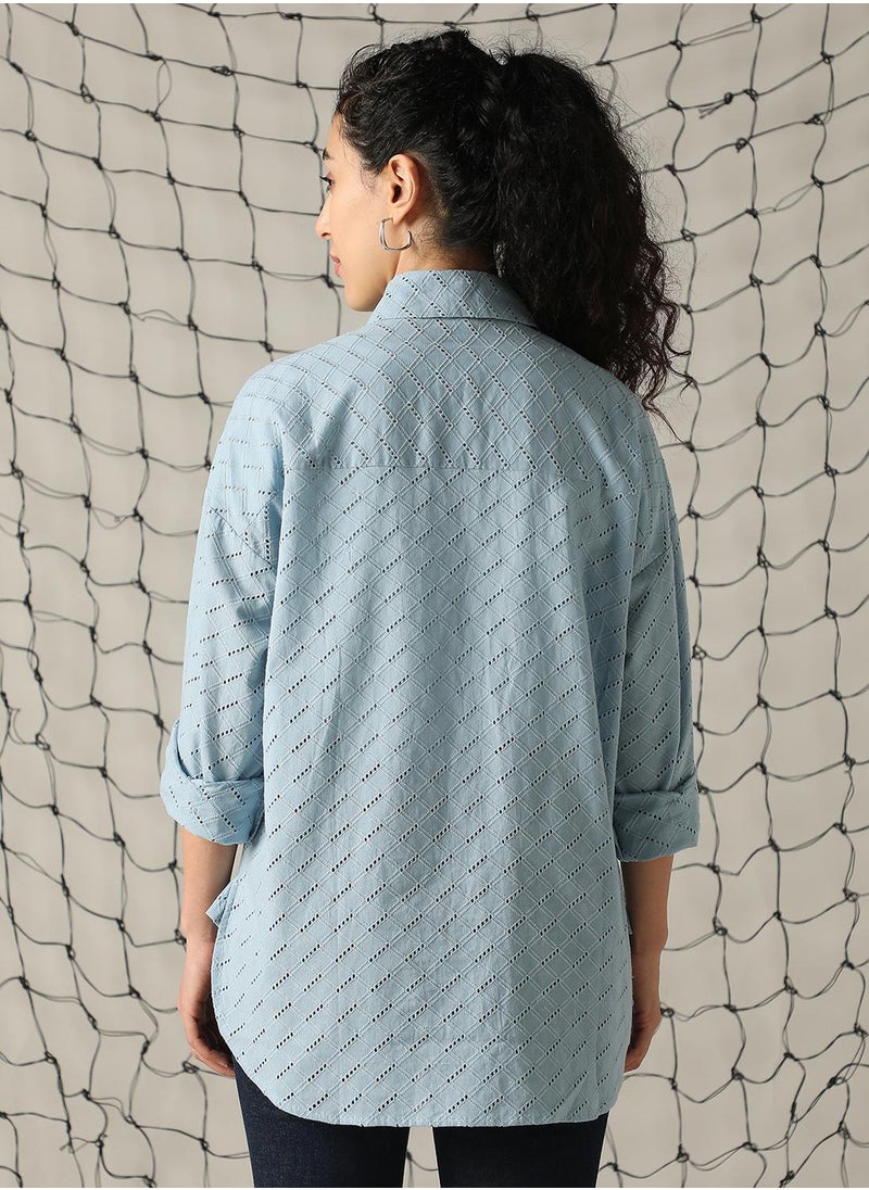 Hubberholme Women's Blue 100% Cotton Embroidered Button Down Shirt  - Image 3