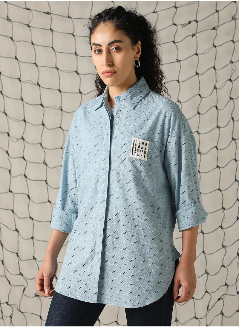 Hubberholme Women's Blue 100% Cotton Embroidered Button Down Shirt