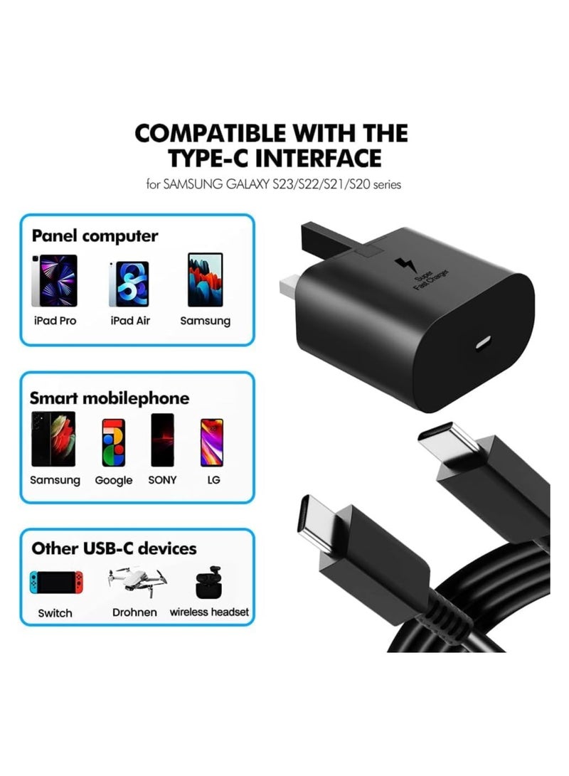 25W Fast Charger for Samsung Galaxy S24, S24+,S23, S23+, S22, S22Ultra, S22+, S21, S20, A32, A33, A53, A73, USB C Super Fast Charger Plug with 1.8 m Type C Charging Cable - Image 3